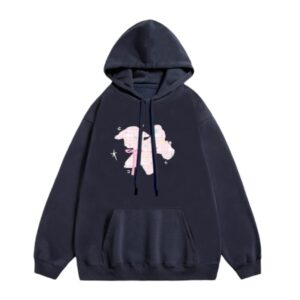 Creative Pink Plaid Lamb-Themed Hoodie — Navy Blue