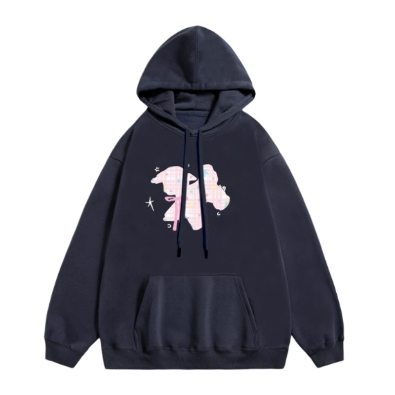 Creative Pink Plaid Lamb-Themed Hoodie — Navy Blue
