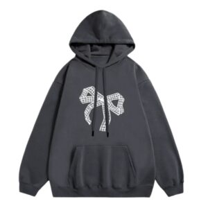 Chic Plaid & Bow Print Hoodie — Dark Gray
