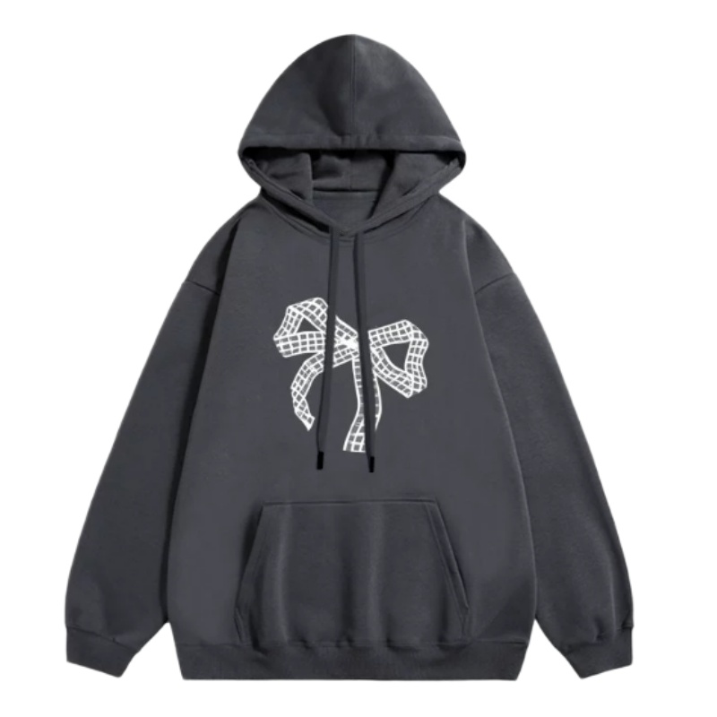 Chic Plaid & Bow Print Hoodie — Dark Gray