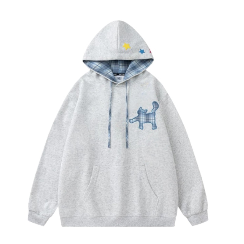 Plaid Cat Print Casual Hoodie