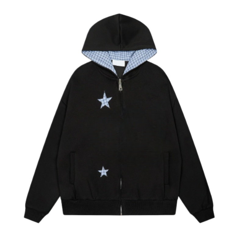 Light Gray Hoodie with Plaid Star Appliqués